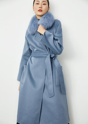Blue winter long wool coat with fox fur collar - FashionByTeresa