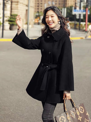 Black Wide Flare Sleeve Doublebreasted Wool Coat - FashionByTeresa