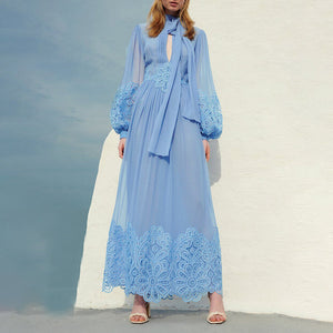 Elegant Lantern Sleeve High Waist Lace Trim Maxi Dress - FashionByTeresa