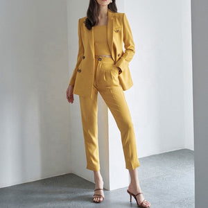 Yellow Three Piece Double Breasted Suits - FashionByTeresa