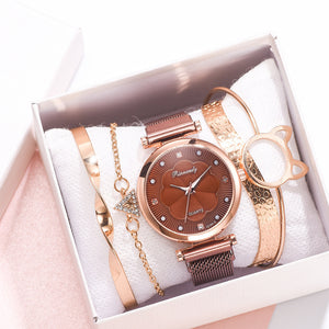 Luxury Magnet Buckle Flower Rhinestone Quartz Wrist Watch Bracelet Set - FashionByTeresa