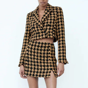 Brown Elegant Blazer Skirt Suit Set - FashionByTeresa