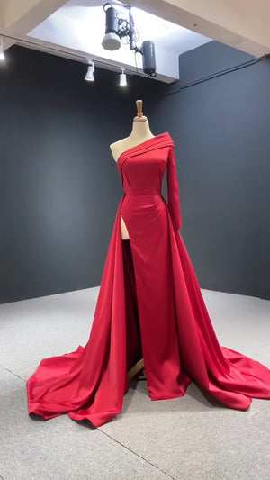 Red High Slit Satin Evening Ball Gown - FashionByTeresa