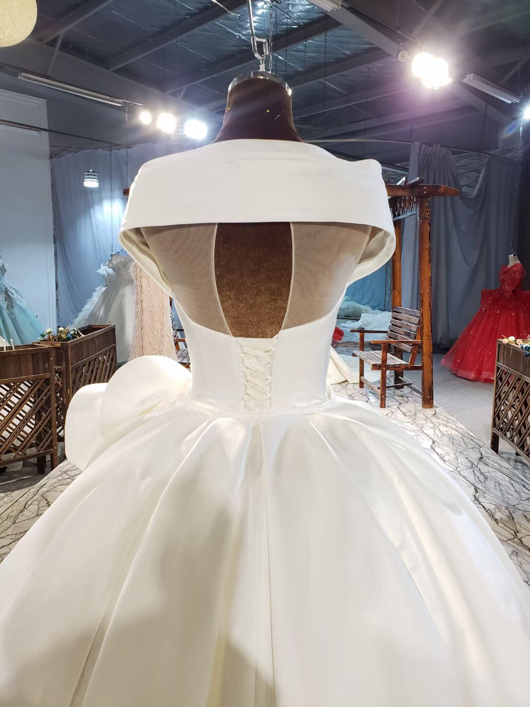 Ivory OFF Shoulder Satin Wedding Dress - FashionByTeresa