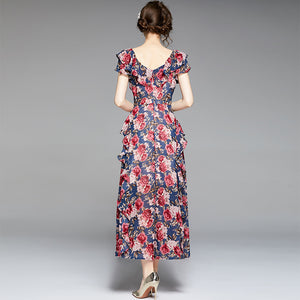 Summer Boat-neck Ruffled Short-sleeved Floral Maxi Dress - FashionByTeresa