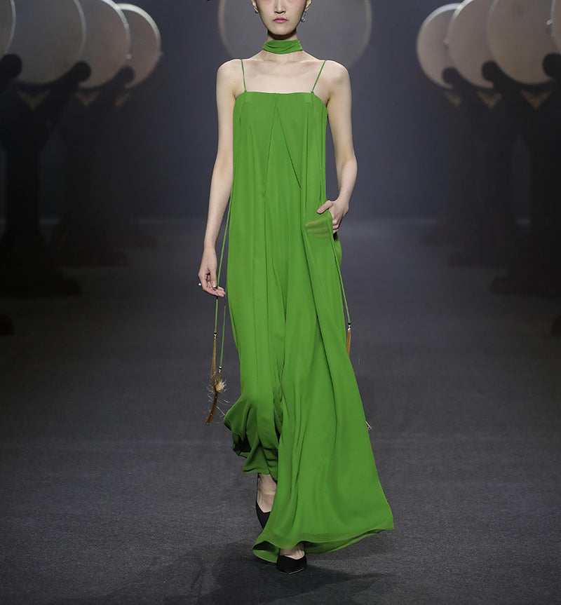 Green Spaghetti Strap Loose Wide Leg Jumpsuit - FashionByTeresa