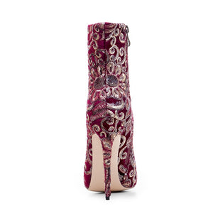 European style denim fabric embroidery high heel ankle booties - FashionByTeresa