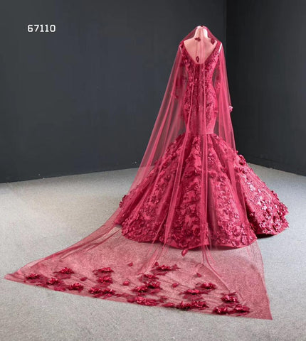 Deep V Sleeveless 3D Floral Puffy Burgundy Mermaid Evening Dress - FashionByTeresa