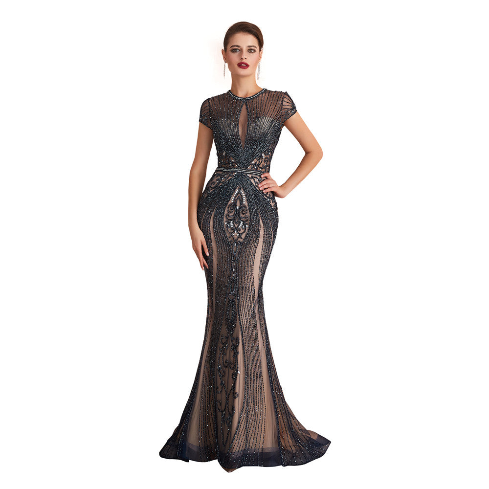 Black Nude Sexy Lace Beaded Ball Gown | FashionByTeresa Black Nude Sexy Lace Beaded Ball Gown | FashionByTeresa