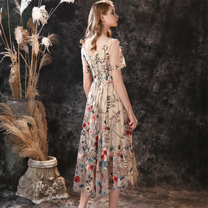 Embroidery V-Neck Flower Midi Dress - FashionByTeresa