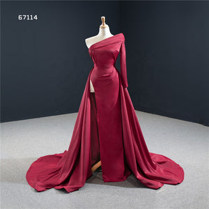 Red High Slit Satin Evening Ball Gown - FashionByTeresa