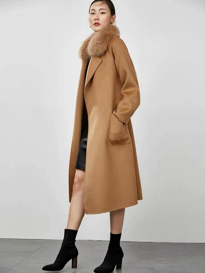 Blue winter long wool coat with fox fur collar - FashionByTeresa