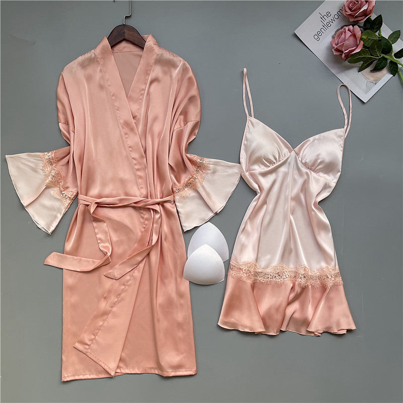 two piece night dress for ladies Bltiby Women's Silk Pajama Sets Satin Robe and Nightgown 2 Piece Solid Colour Sleepwear Lace Cami Nightwear Kimono Bridesmaid Robes Navy M, Size: