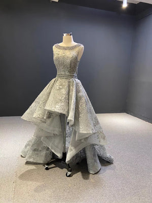Asymmetrical Gray Elegant High /Low Evening Ball Gown - FashionByTeresa