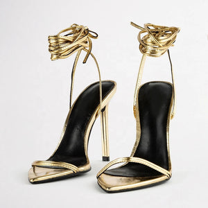 Metallic Pointed Toe Lace-up Sandals - FashionByTeresa