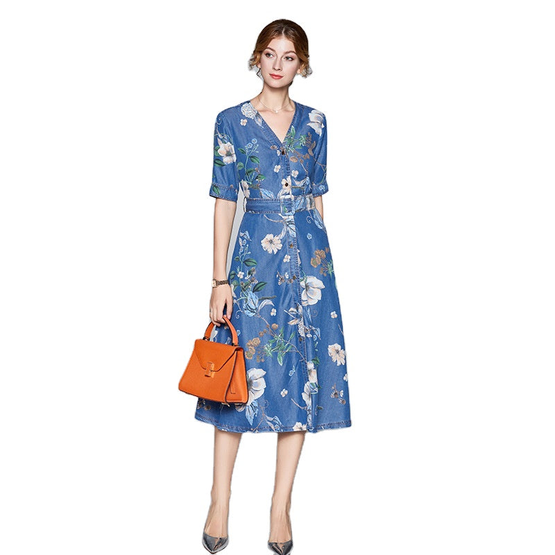 Blue Denim V-neck Summer Midi Dress - FashionByTeresa