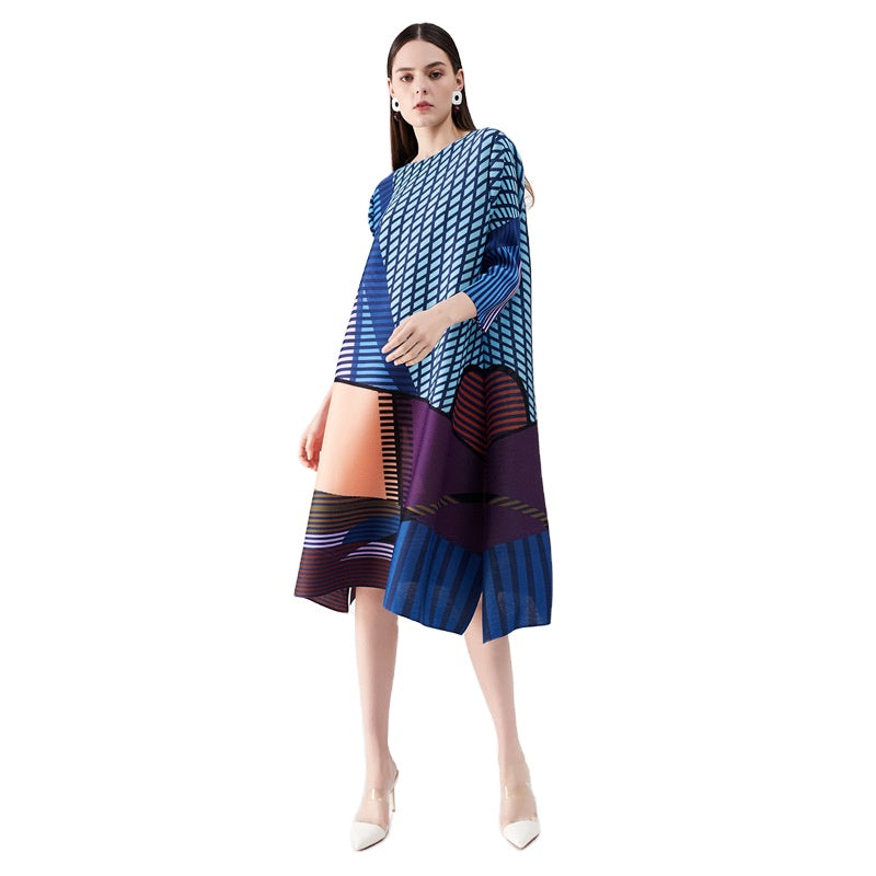 Color-block Geometric Digital Pleated Summer Dress - FashionByTeresa