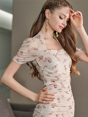 Floral Bodycon Square Collar Dress - FashionByTeresa