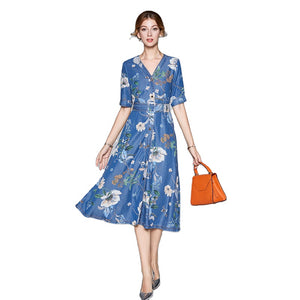 Blue Denim V-neck Summer Midi Dress - FashionByTeresa