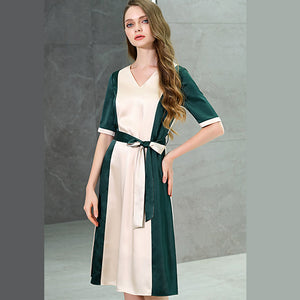 Deep V-Neck Color Block Silky Satin Casual Dress - FashionByTeresa