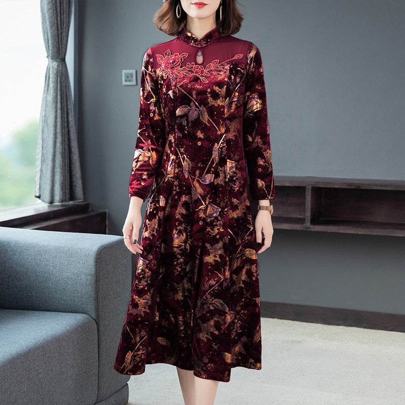 Red Cheongsam Keyhole Velvet Dress Floral Jacquard Vintage Midi Elegant Dress - FashionByTeresa