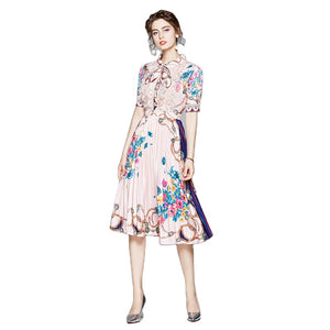 Floral Print Bow Neck Short Sleeve Vintage Elegant Dress - FashionByTeresa