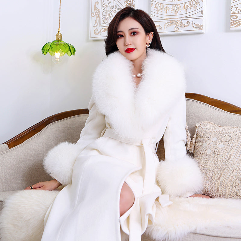 Brown Elegant fox collar belted cashmere wool coat - FashionByTeresa