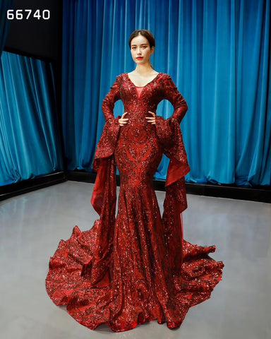 Red V Neck Sexy Long Sweep Train Elegant Evening Dress - FashionByTeresa