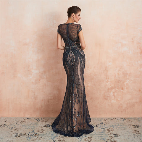 Black and Nude Sexy Lace Beaded Evening Ball Gown - FashionByTeresa