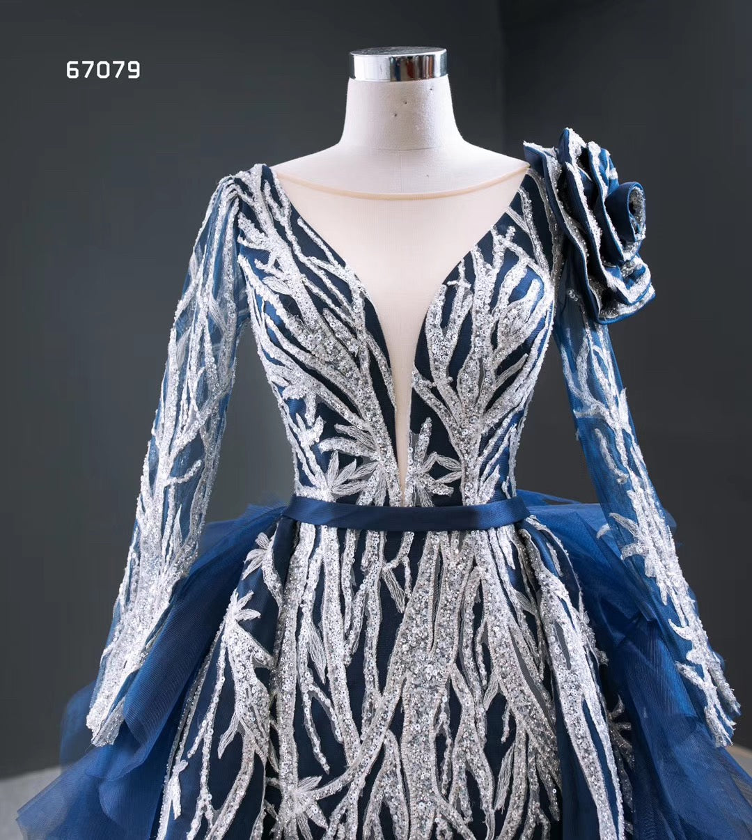 Royal Navy Blue Long Sleeves Detachable Train Luxury Sequin Evening Ball Gown - FashionByTeresa