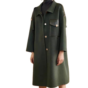 Olive green single-breasted cashmere winter long wool coat women - FashionByTeresa