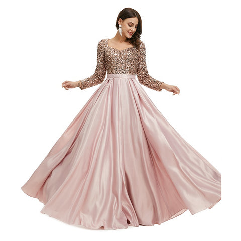 Elegant Sequined Lace Satin Big Swing Long Skirt Banquet Evening Prom Dress - FashionByTeresa