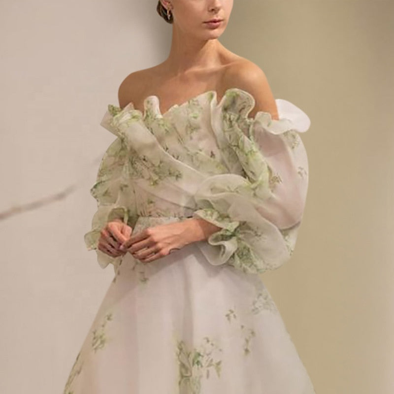 Green Floral Ruffle Organza Off Shoulder Maxi Dress | FashionByTeresa, Green / Small Green Floral Ruffle Organza Off Shoulder Maxi Dress | FashionByTeresa, Green / Small