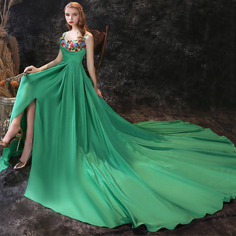 Green Simple Sexy Aline Satin Long Evening Gown - FashionByTeresa