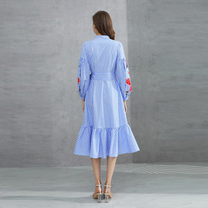 Summer Embroidery Lantern Sleeve Stripe Blue Dress - FashionByTeresa
