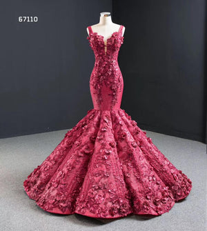 Deep V Sleeveless 3D Floral Puffy Burgundy Mermaid Evening Dress - FashionByTeresa