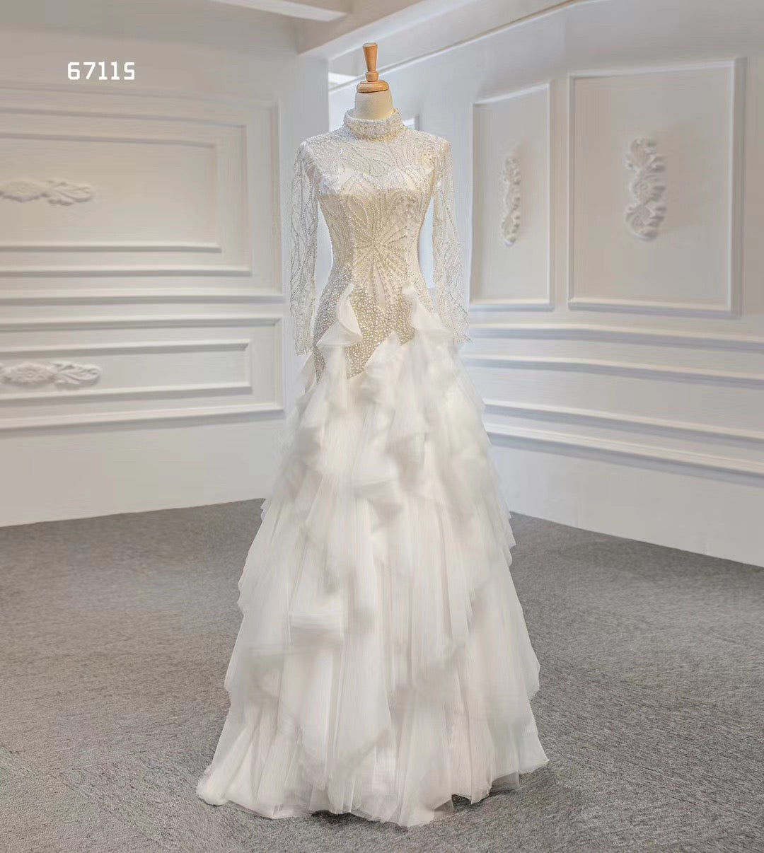Ivory A Line Long Sleeve Luxury Beaded Wedding - FashionByTeresa