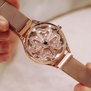 Trend simple rotated charm rhinestone turning round lucky four-leaf clover dial steel mesh belt women watches - FashionByTeresa