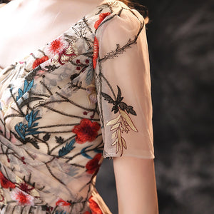 Embroidery V-Neck Flower Midi Dress - FashionByTeresa