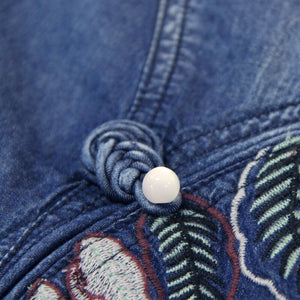 Embroidery Denim Dress V-Neck Short Sleeve Button Maxi Dress - FashionByTeresa