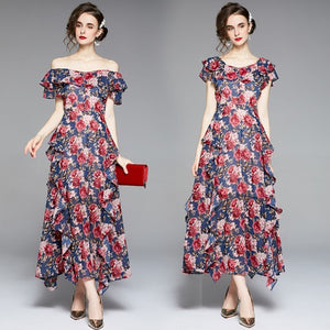 Summer Boat-neck Ruffled Short-sleeved Floral Maxi Dress - FashionByTeresa