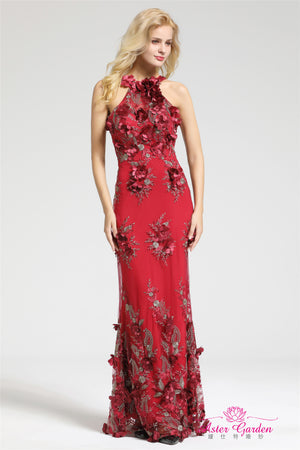 Red Sexy Halter Neck Sleeveless Lace Evening Gown - FashionByTeresa