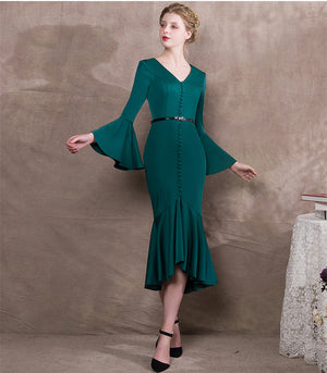 Green Elegant V-Neck Fishtail Evening Dress - FashionByTeresa