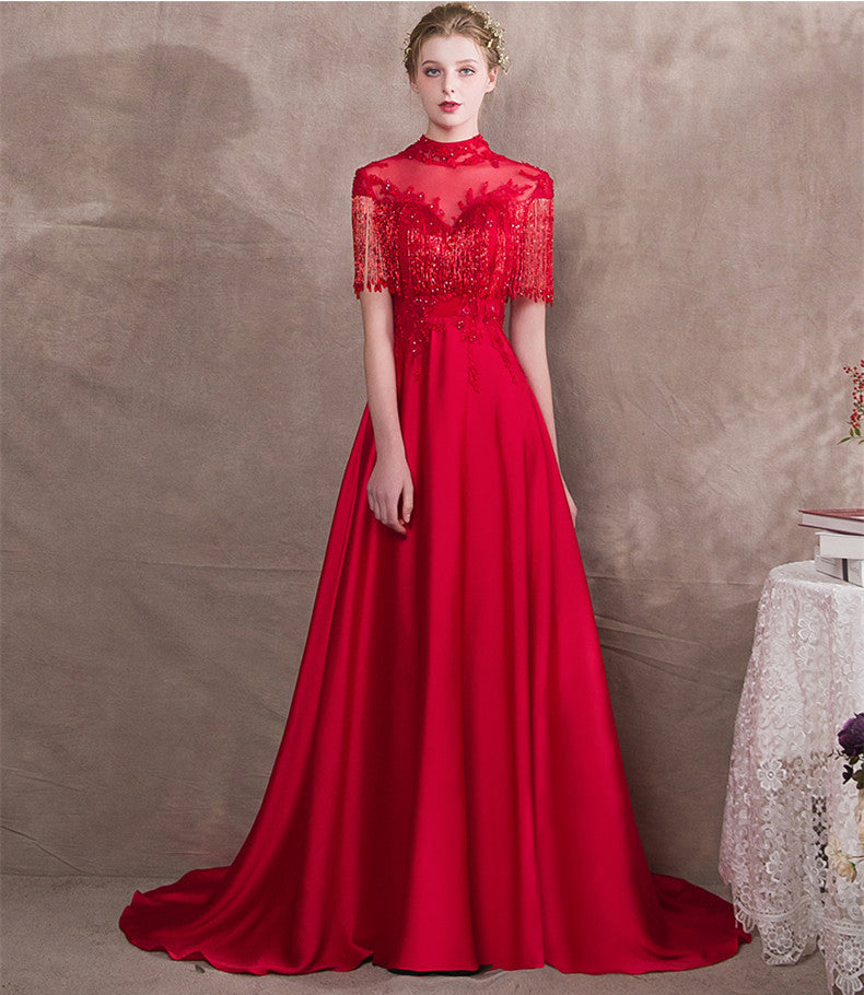 Vintage Red Beaded Evening High Neckline Evening Gowns Red / 10 Vintage Red Beaded Evening High Neckline Evening Gowns Red / 10