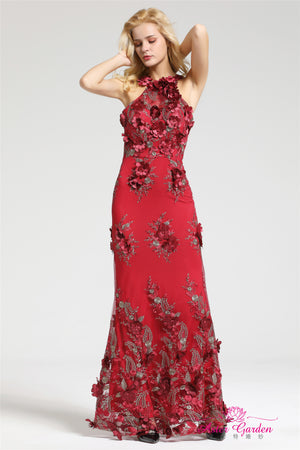 Red Sexy Halter Neck Sleeveless Lace Evening Gown - FashionByTeresa