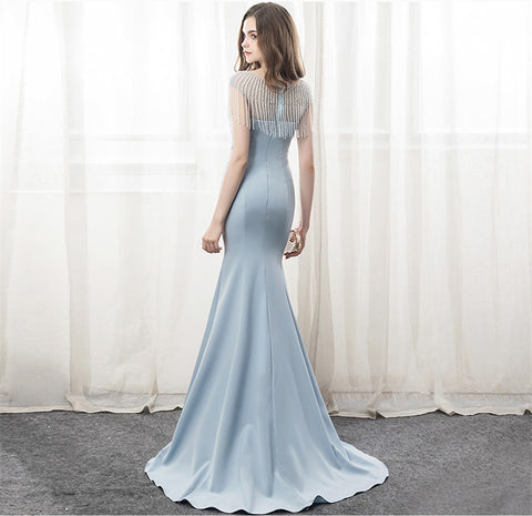 Light Blue Beaded Cap Sleeve Mermaid Prom Dress Evening Gown - FashionByTeresa