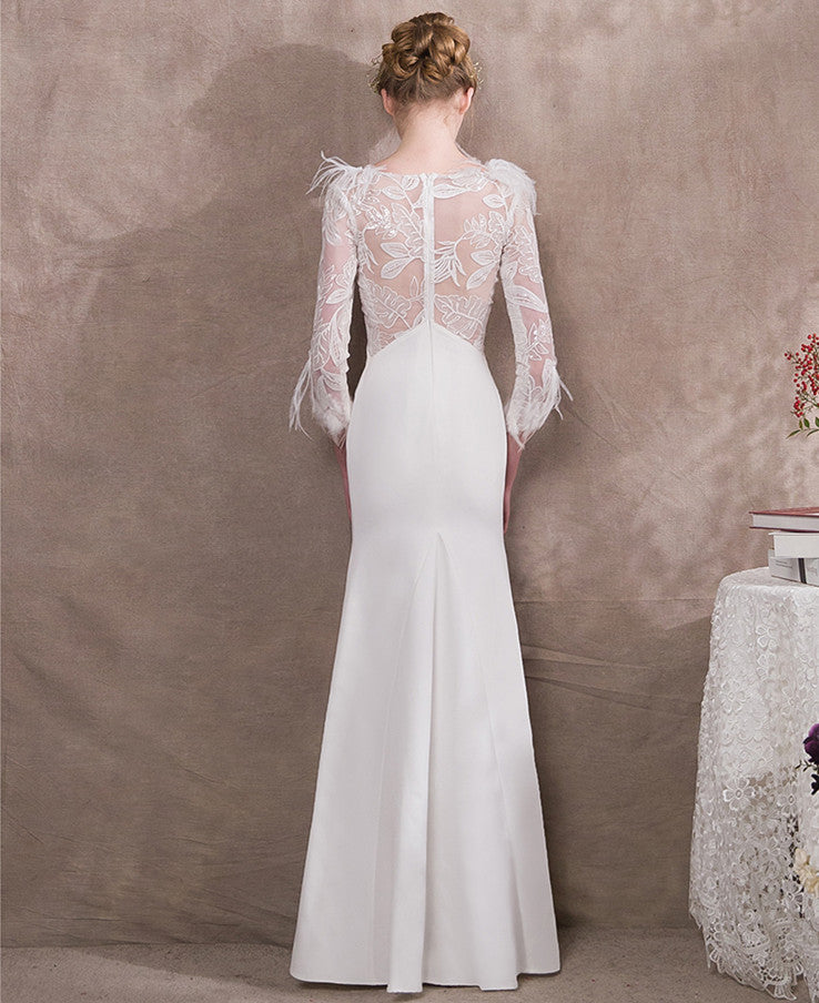 White Elegant Feather Three-quarter Sleeve Evening Gown - FashionByTeresa
