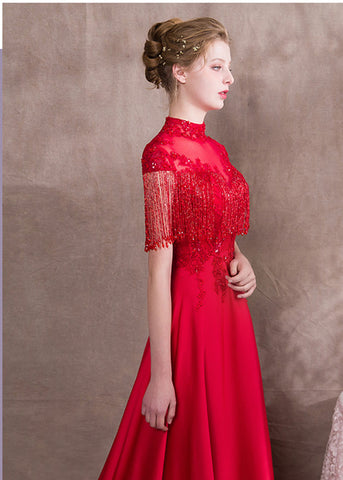 Vintage Red Beaded Evening High Neckline Evening Gowns - FashionByTeresa