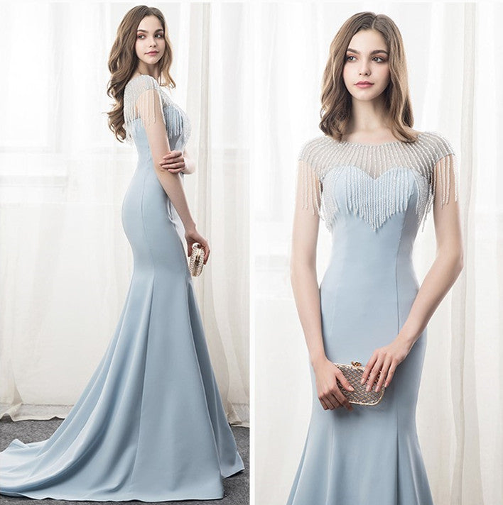 Light Blue Beaded Cap Sleeve Mermaid Prom Dress Evening Gown - FashionByTeresa