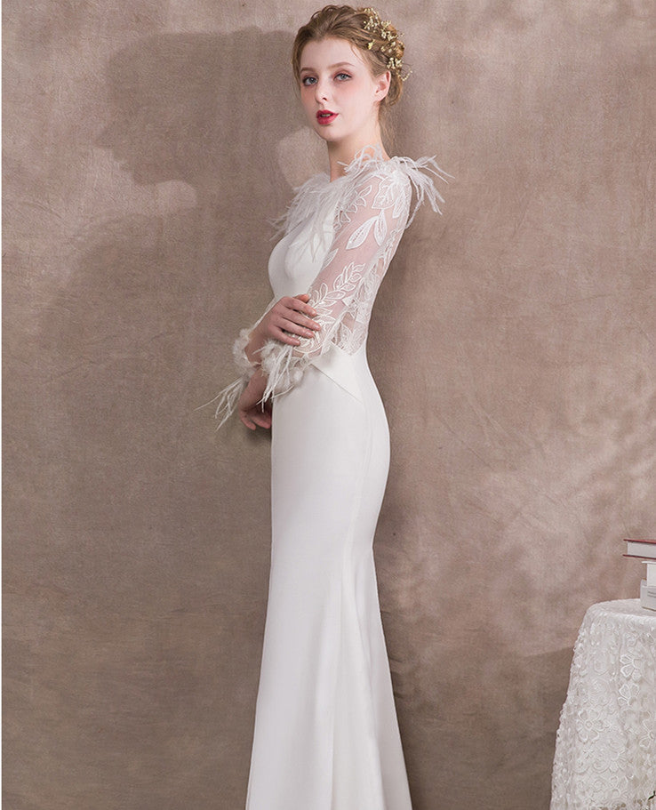 White Elegant Feather Three-quarter Sleeve Evening Gown - FashionByTeresa